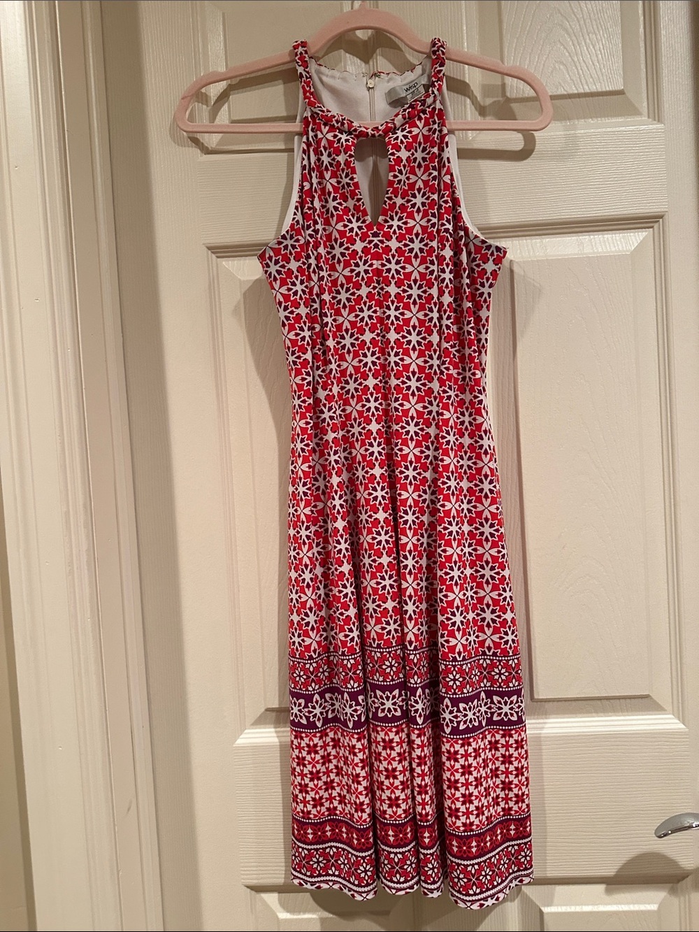 Women's Red Printed Halter Midi Dress with Keyhole